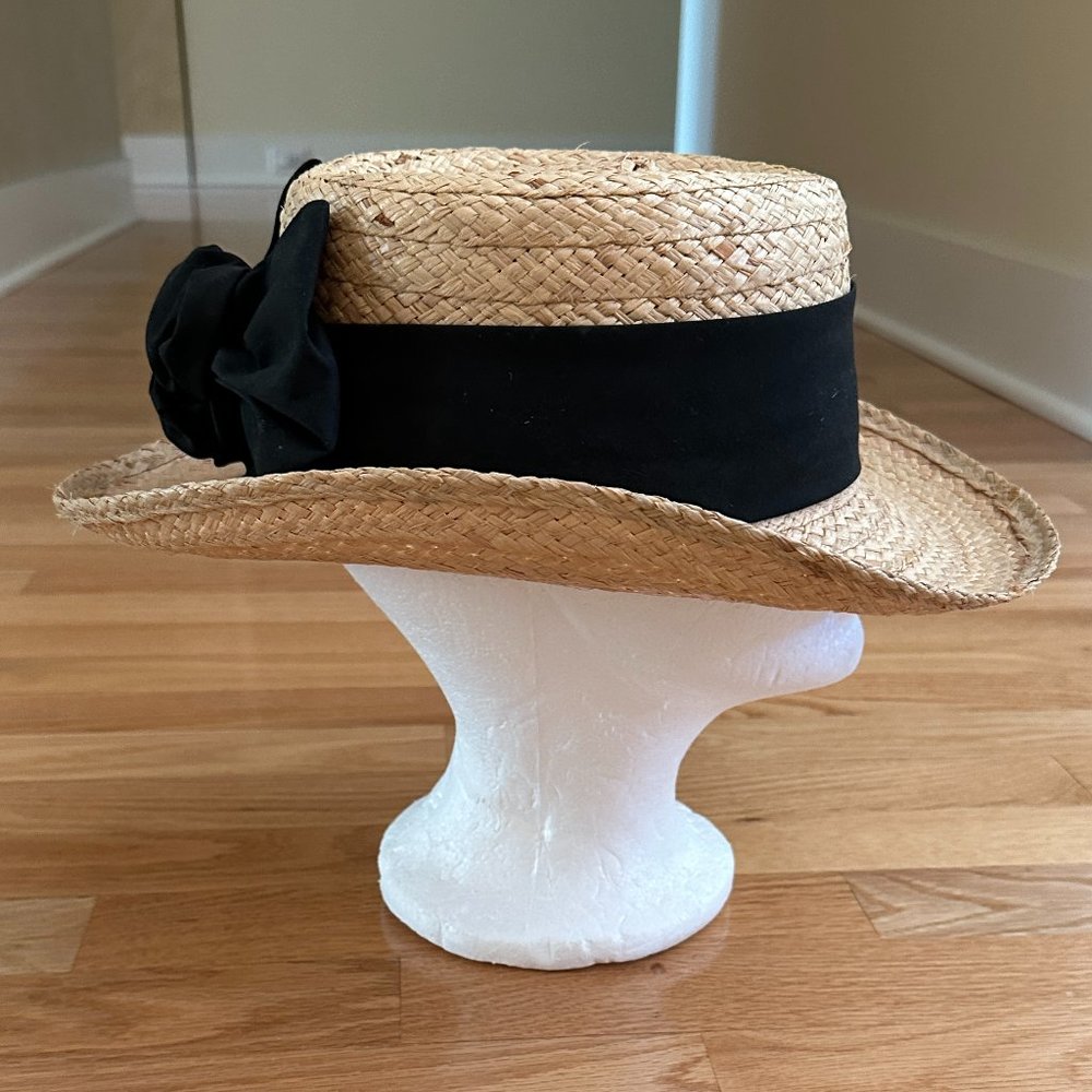 Biltmore Straw Summer Sun Hat With Black Bow Made in Canada Size S/M